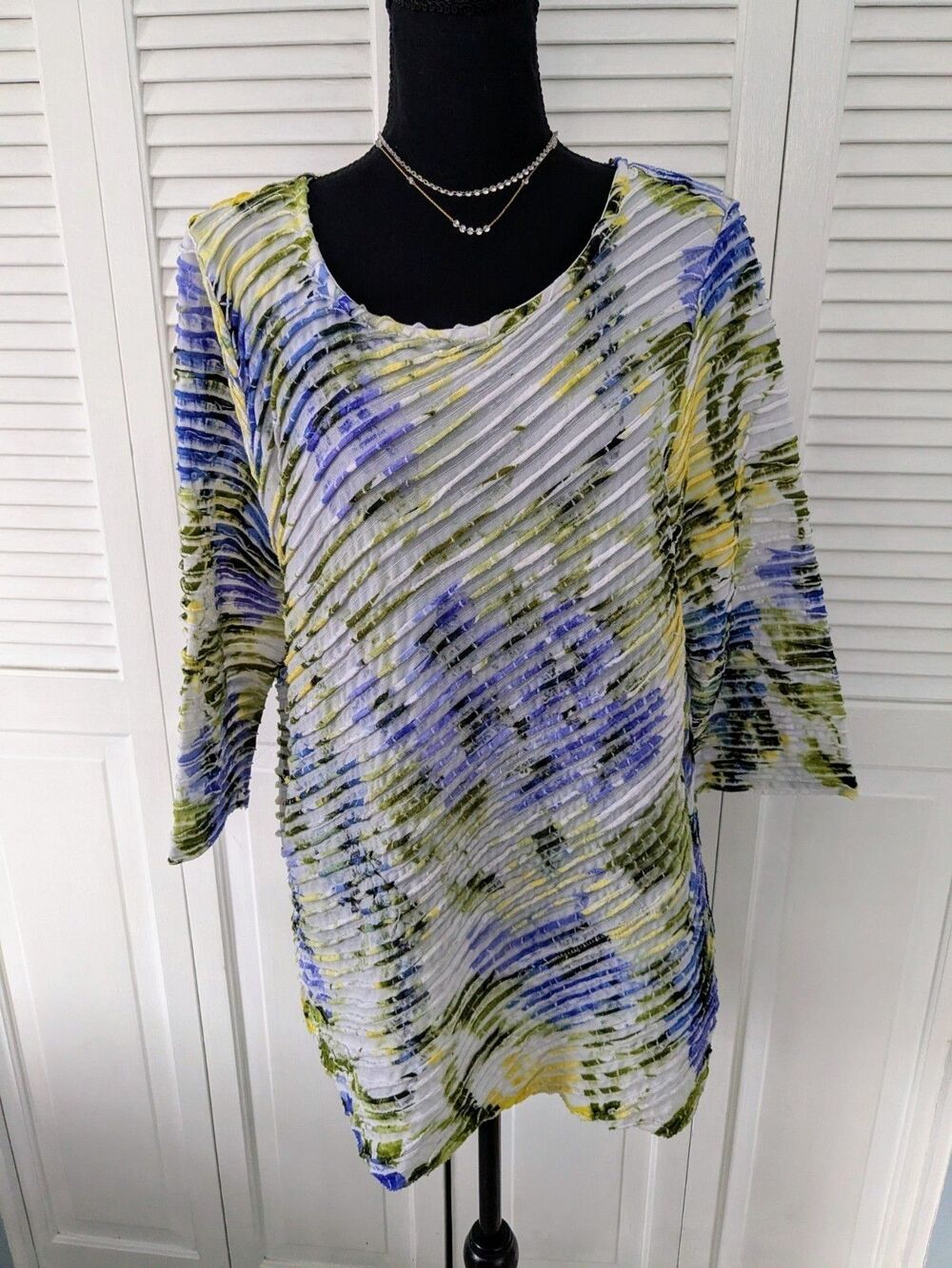 Susan Graver Tunic Top Womens XL Purple Yellow Watercolor Abstract Art To Wear